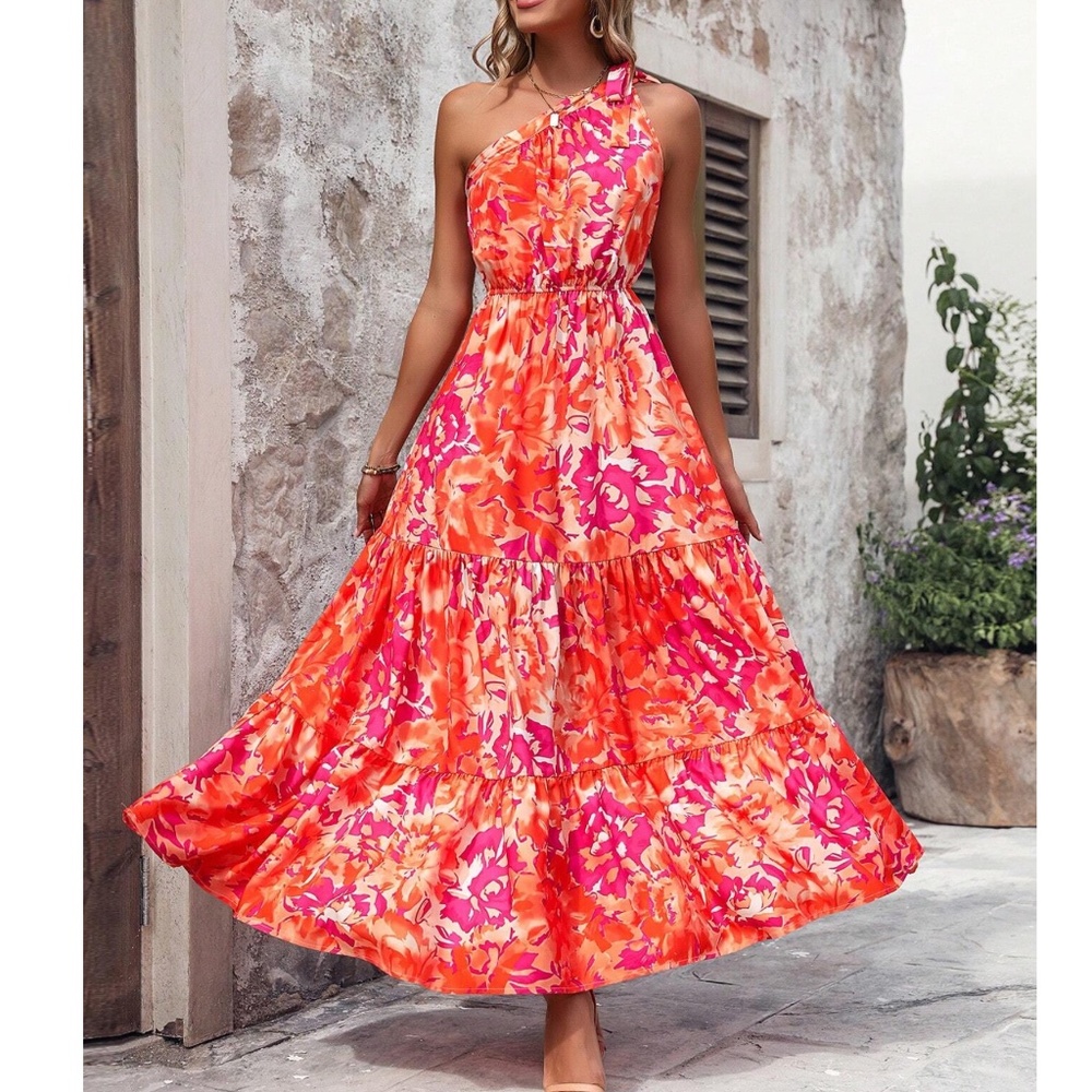 Boho Floral Print One Shoulder Ruffle Maxi Dress - Picture 1 of 6